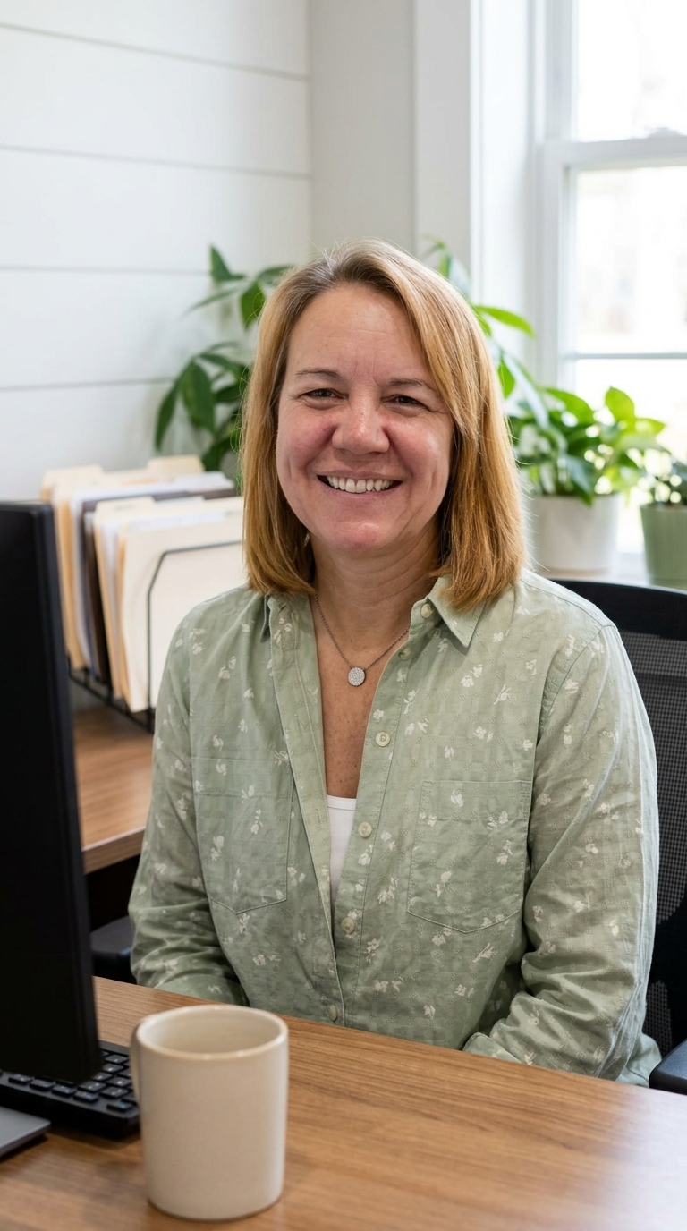 Kelly Dorsey at her office desk, smiling, folders and a sunny window behind her
