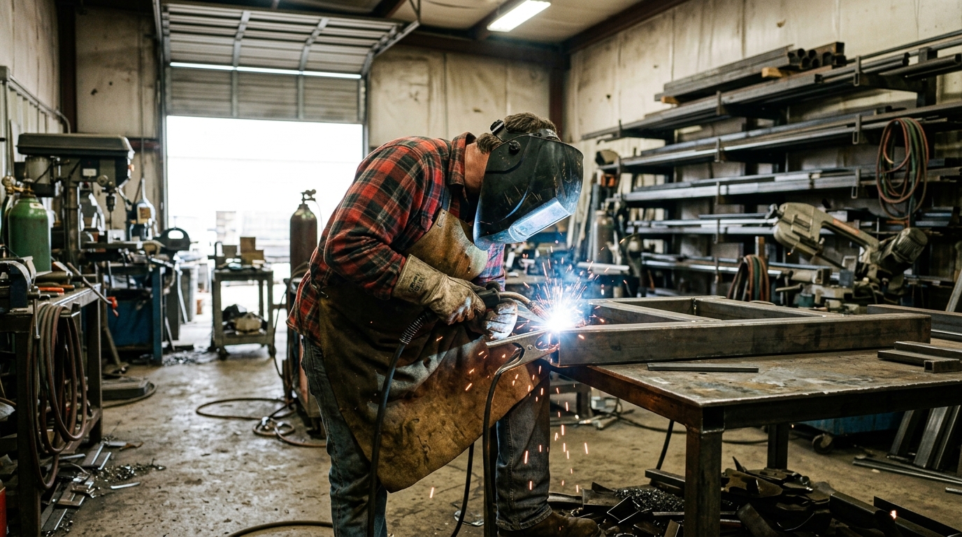 A welder mid-weld in a central Indiana fabrication shop, sparks flying