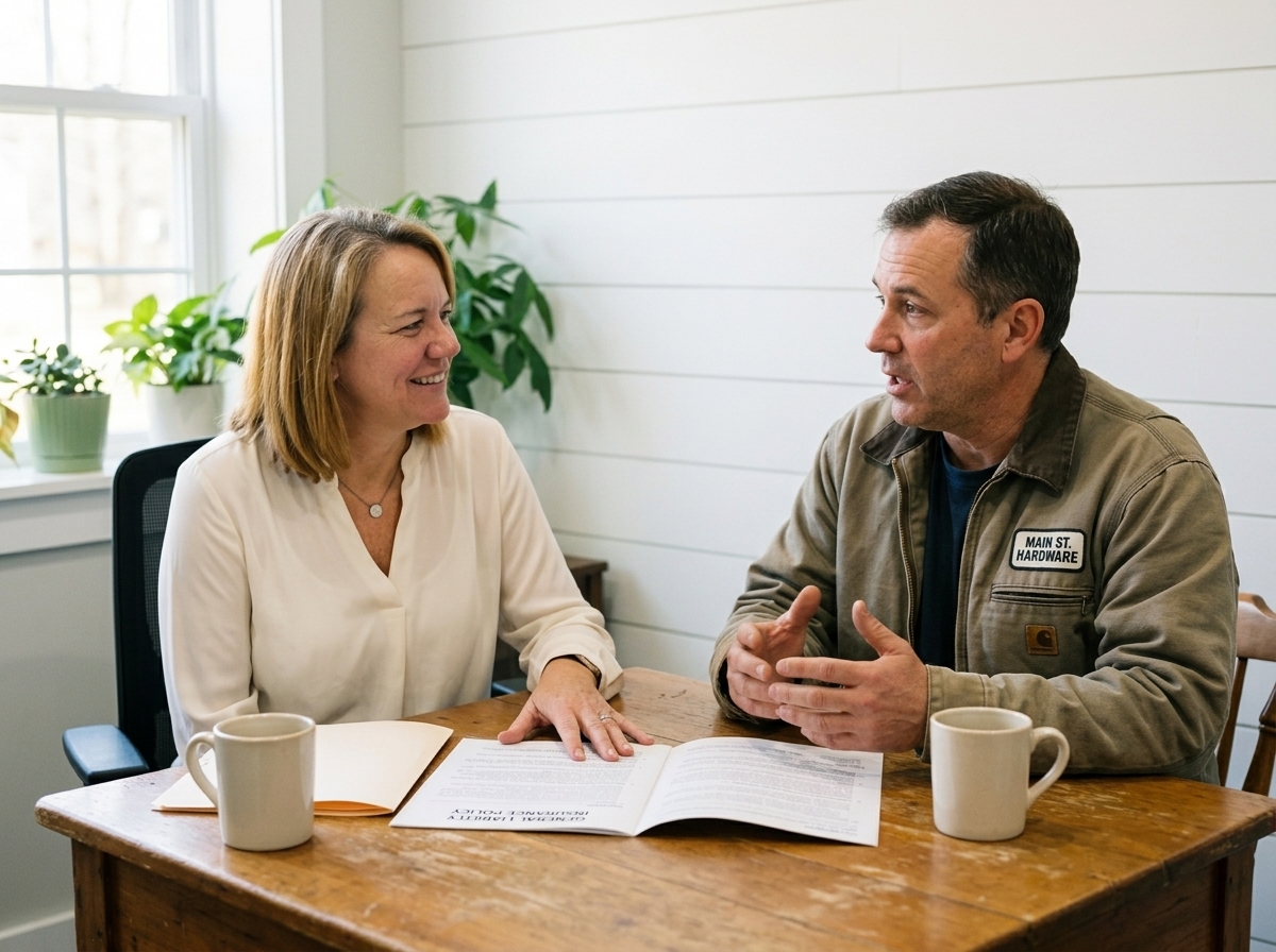 Kelly, in an ivory blouse, going over a liability policy at her desk with a local shop owner