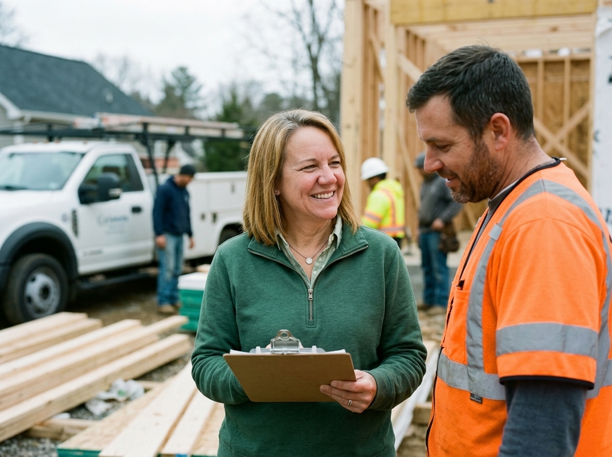 Kelly talking with a contractor in a hi-vis vest at a construction job site