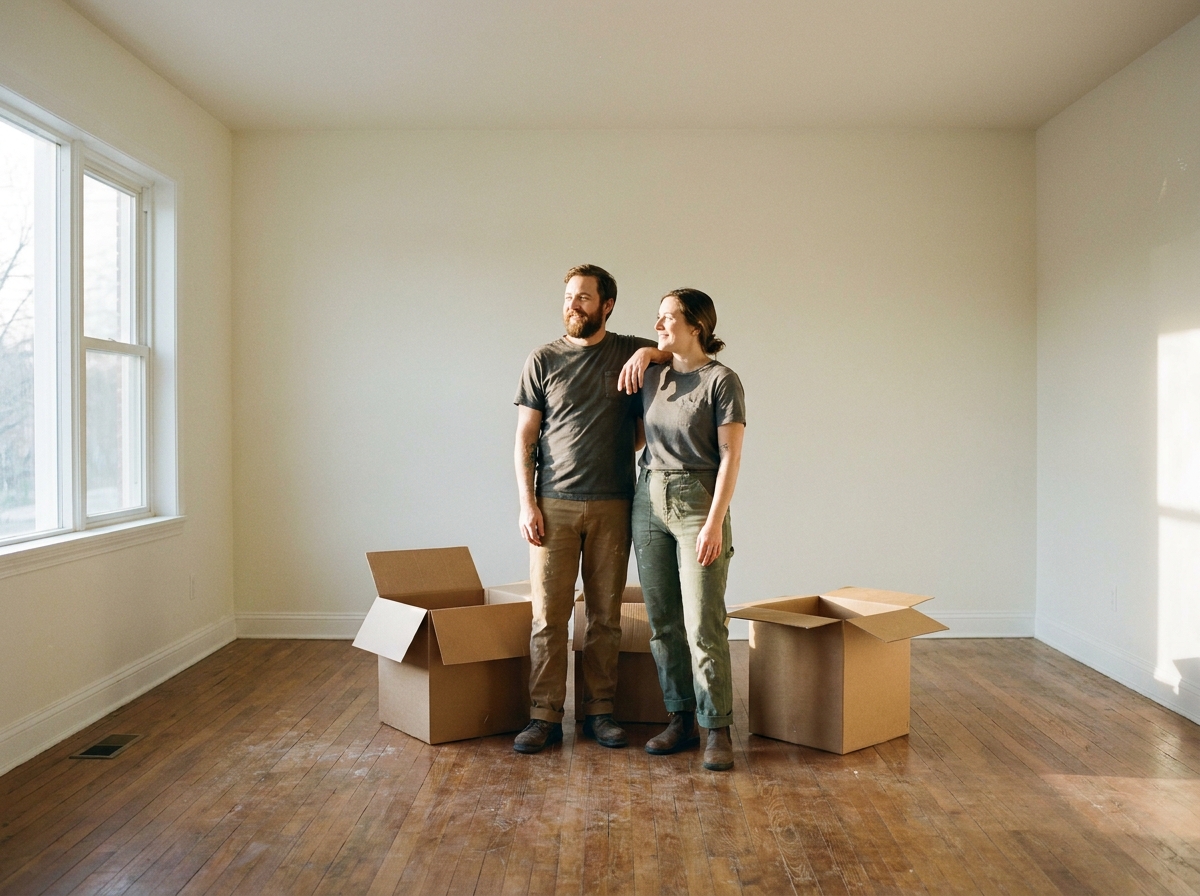 A couple in the empty living room of their first home, moving boxes around them