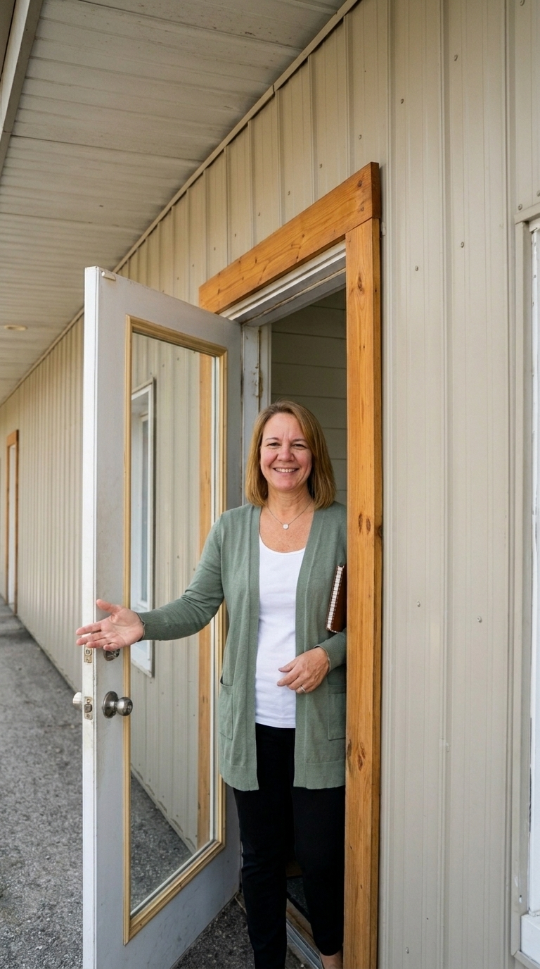 Kelly welcoming a visitor from the doorway of her Mooresville office