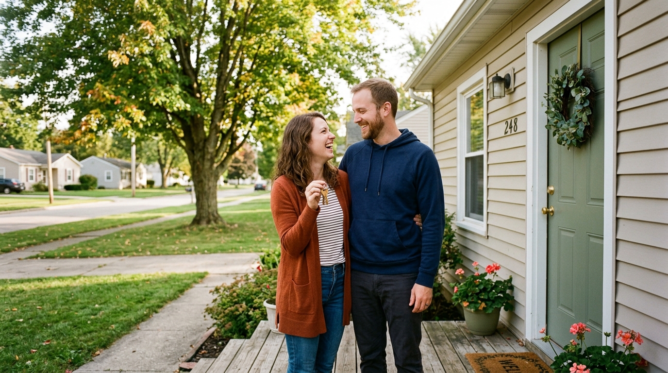 A young couple on the porch of their first home, holding the keys