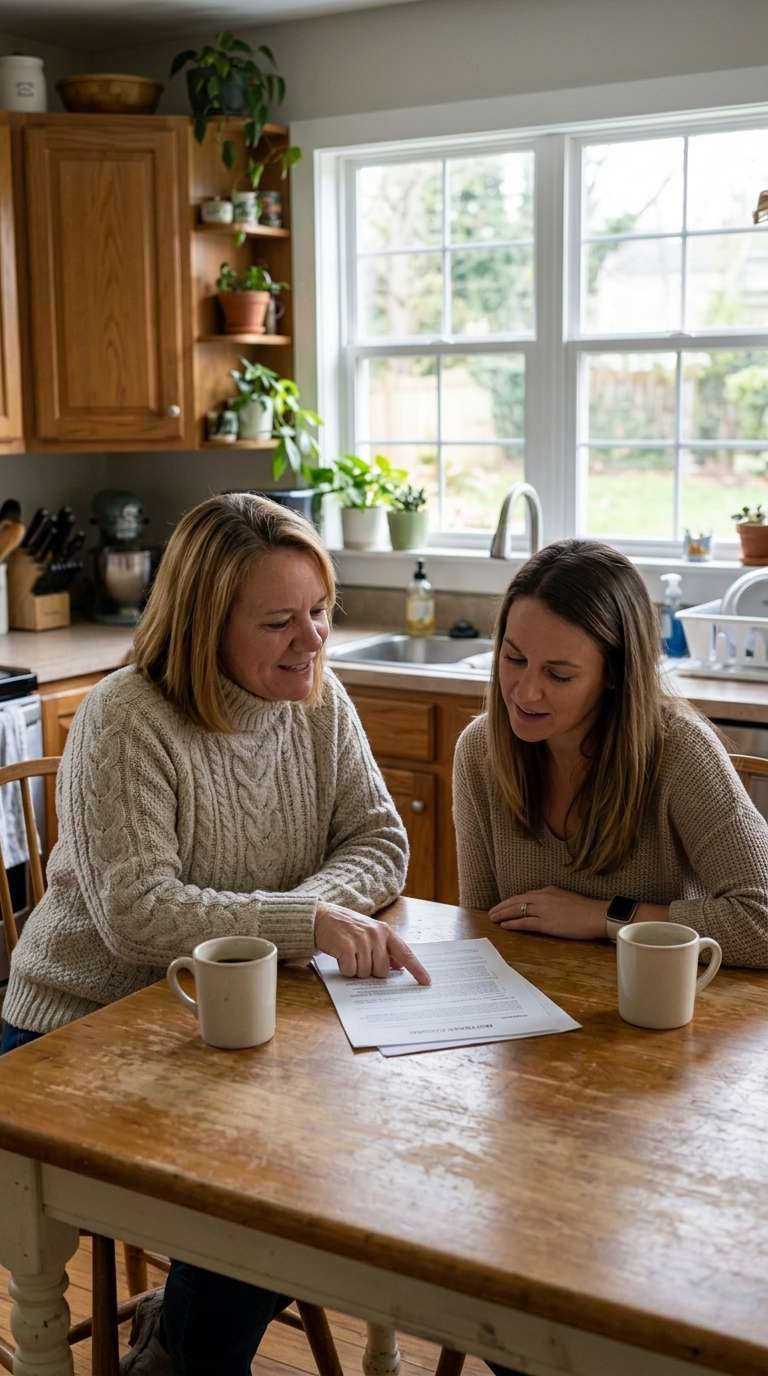 Kelly explaining a policy to a homeowner at her kitchen table over coffee