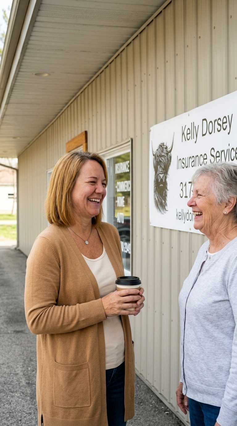 Kelly chatting and laughing with a longtime client on the walkway outside her Mooresville office