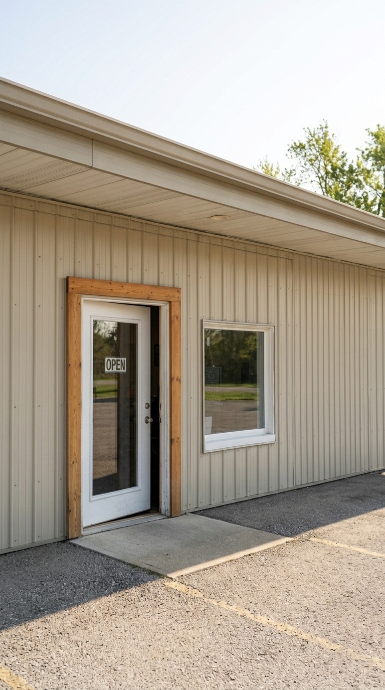 The entry door of Kelly's Mooresville office, open sign in the window