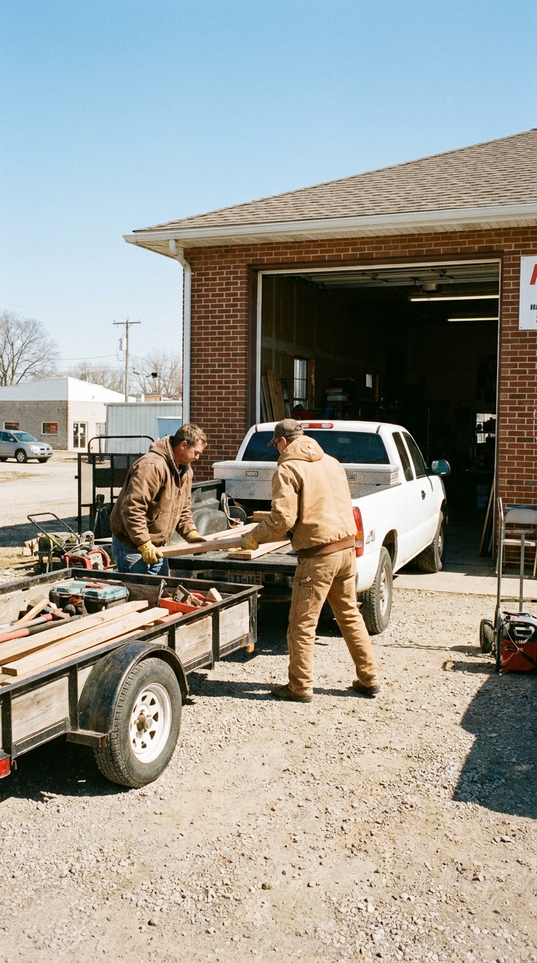 A two-person crew loading lumber onto a pickup and trailer outside their shop