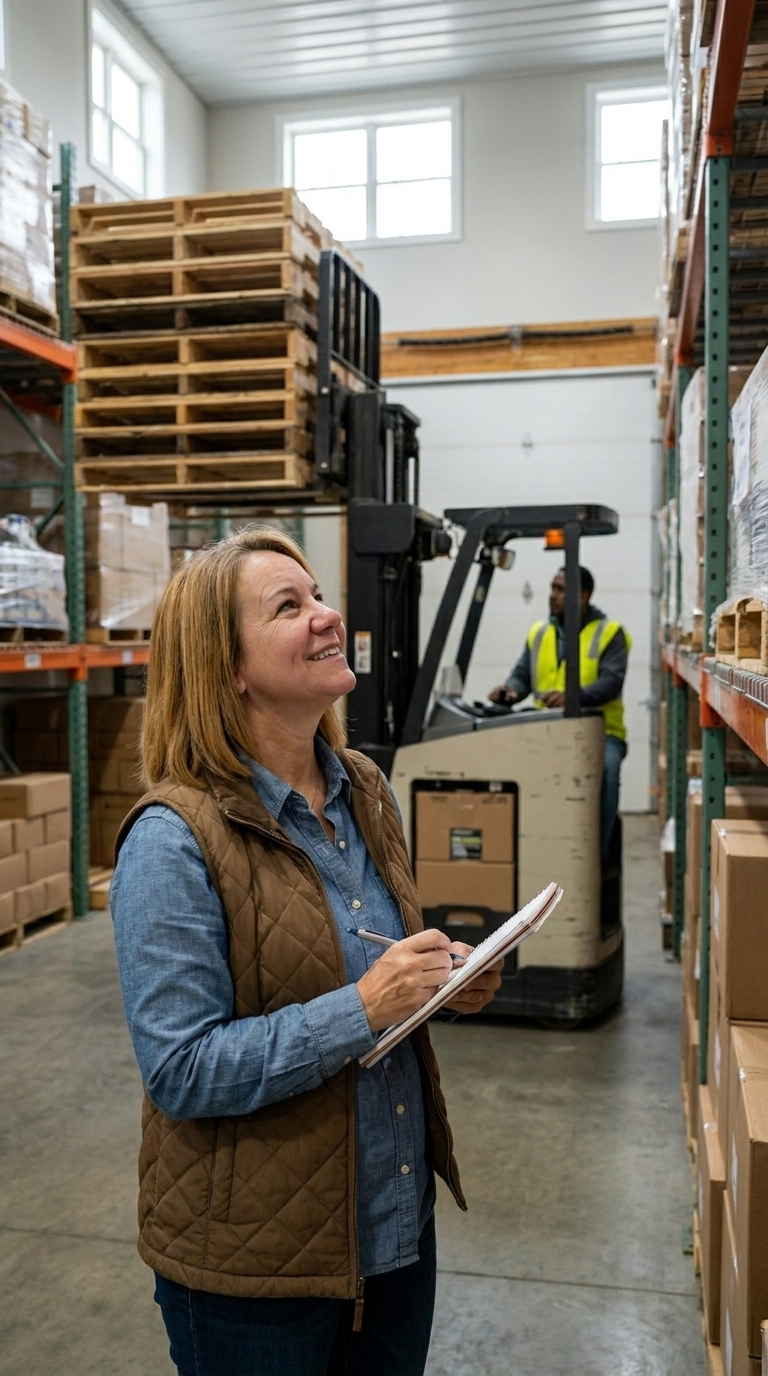 Kelly walking a client's warehouse with a notebook, reviewing the racked inventory