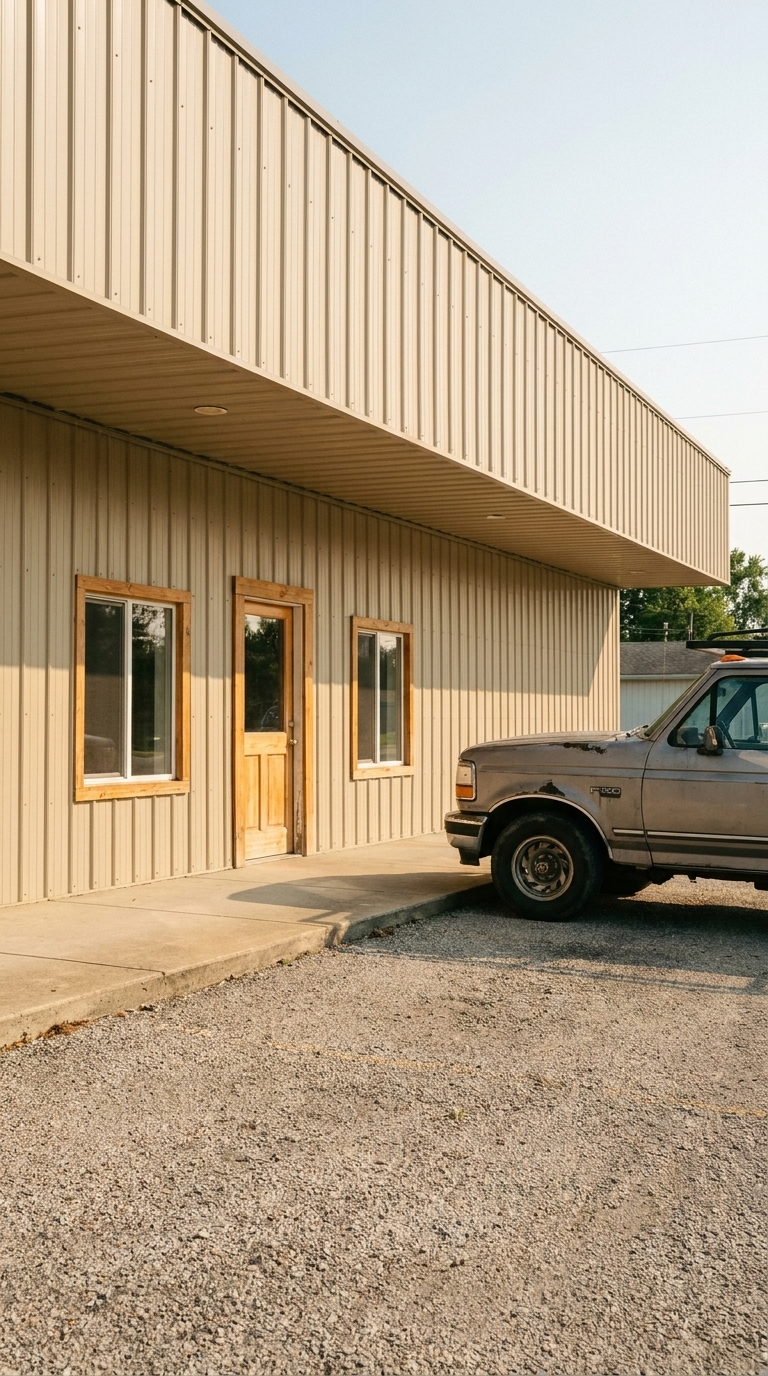 Kelly's tan metal storefront office with its covered walkway and a parked work truck